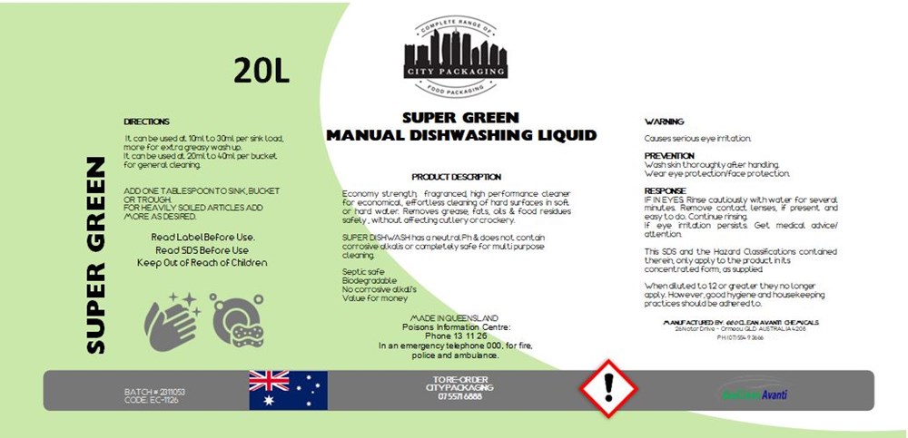 1 CityPack Super Green Manual Dishwashing  Liquid 5ltr 
